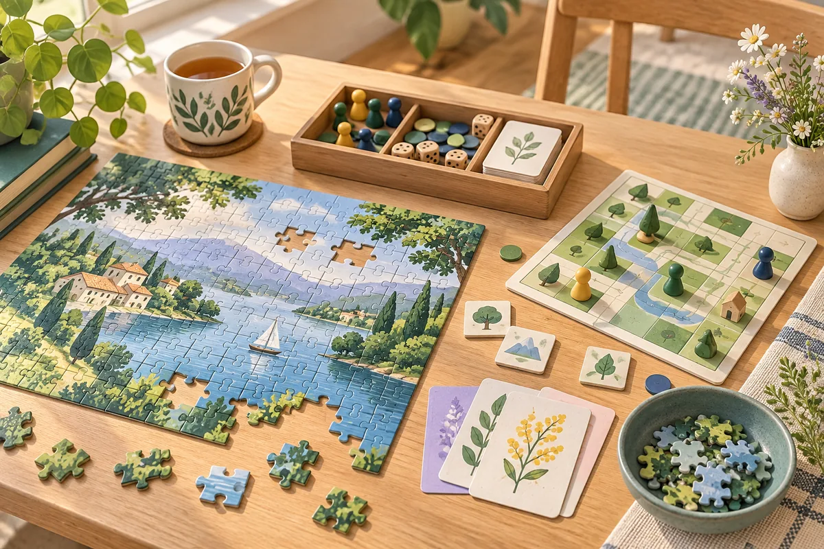 A jigsaw puzzle and a solo board game laid out on a table