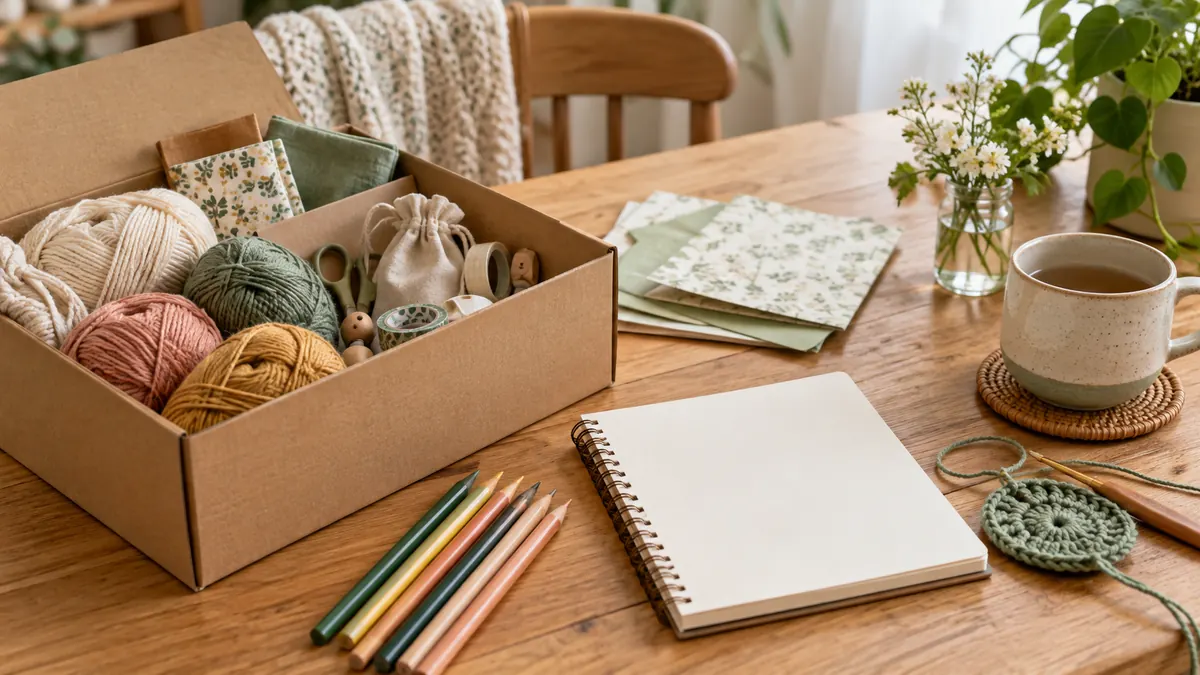 Beginner hobby materials with yarn, colored pencils and a sketchbook