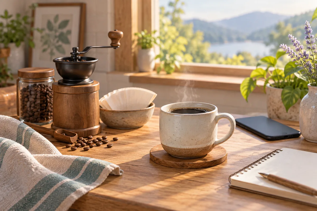 Coffee beans, a manual hand grinder, and a ceramic dripper on a morning table