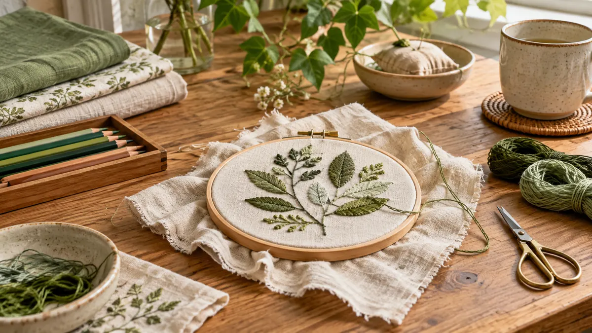 A craft table with an embroidery hoop, yarn and colored pencils
