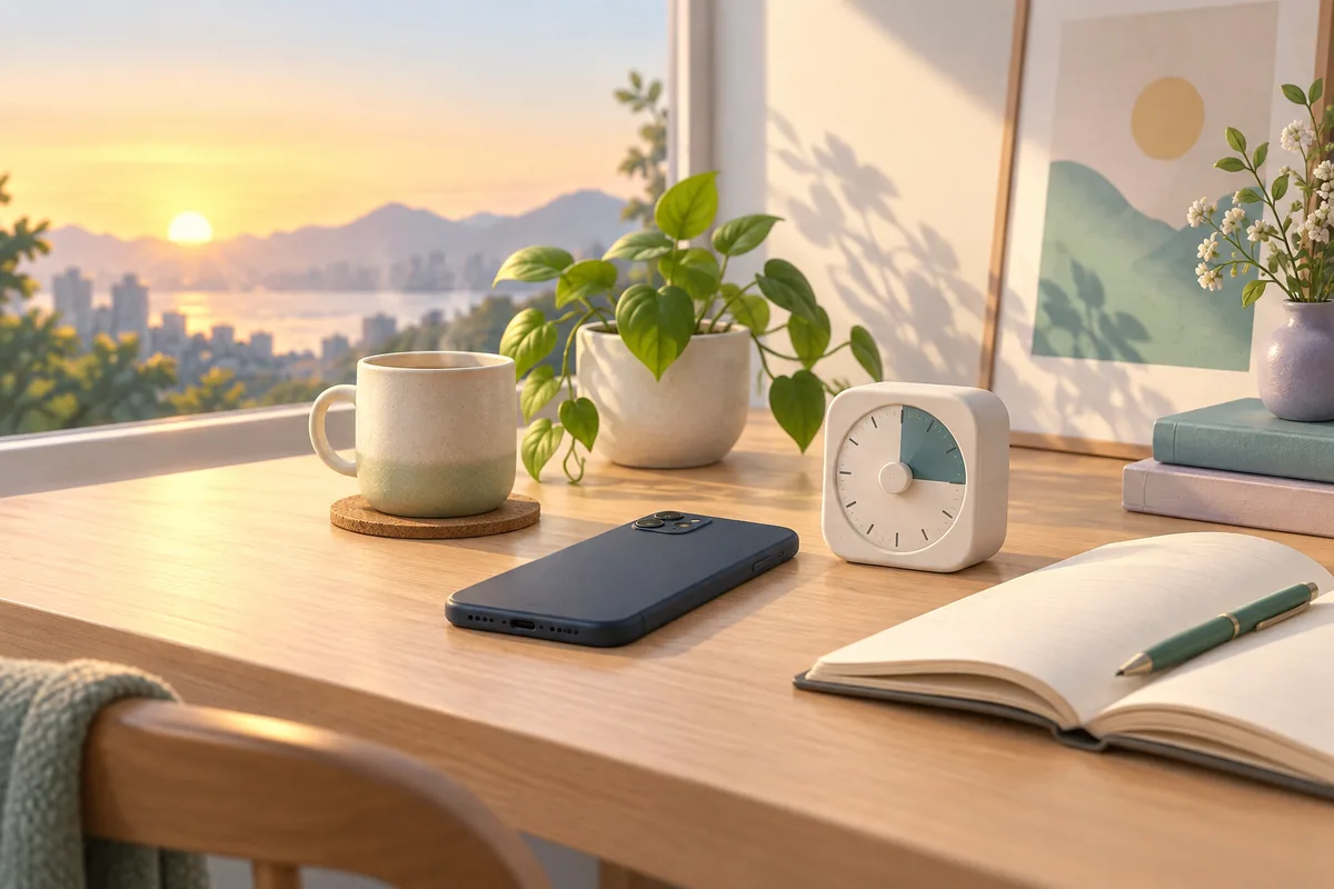 A phone resting beside a simple timer during a digital detox break