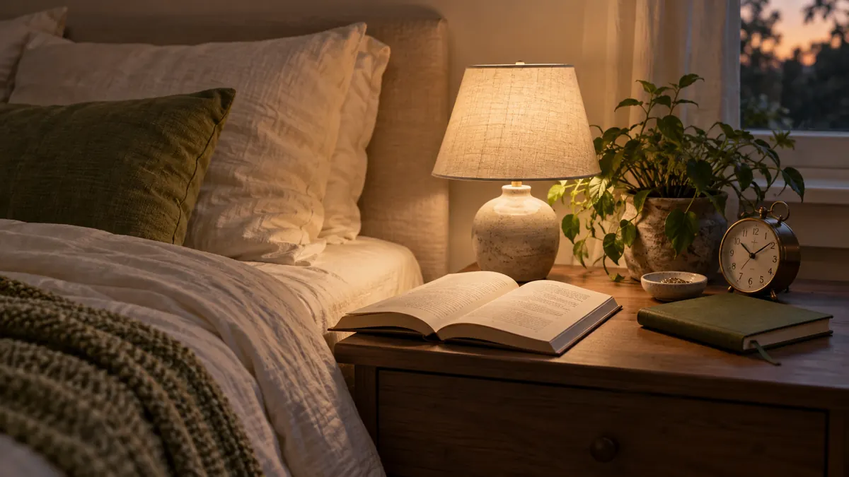 A bedside table with a reading lamp, paper book and alarm clock