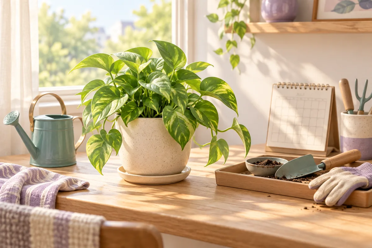 Houseplants, watering can, and gardening shears on a bright windowsill