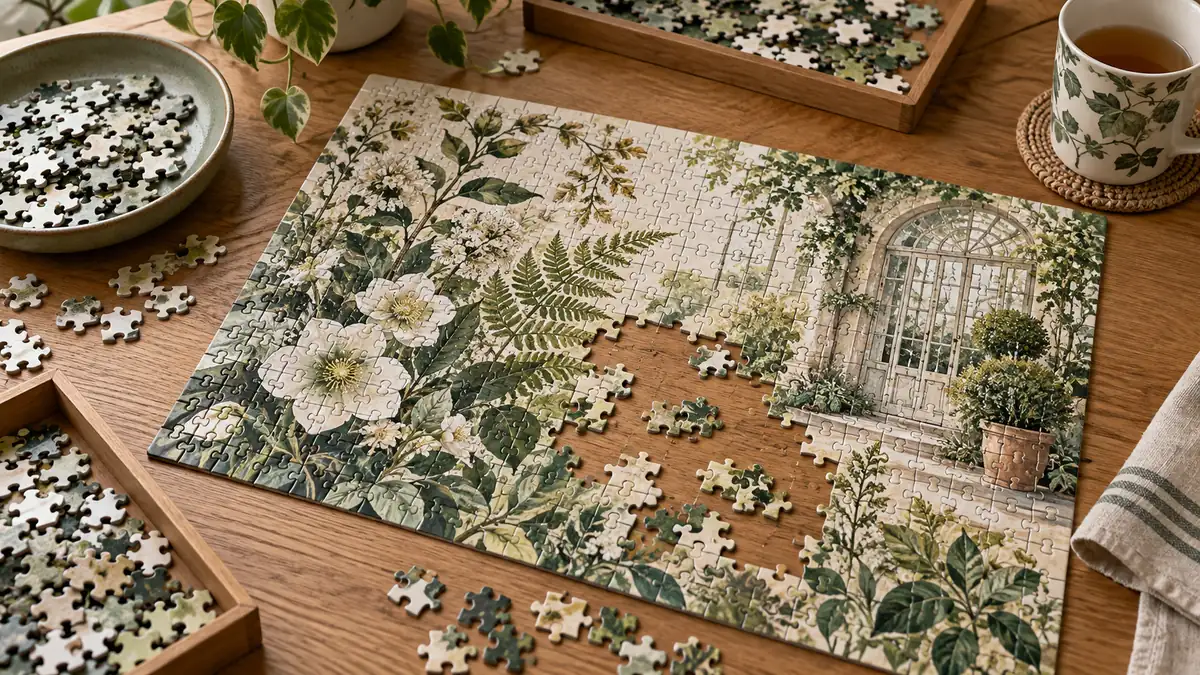 A botanical jigsaw puzzle with pieces sorted into trays