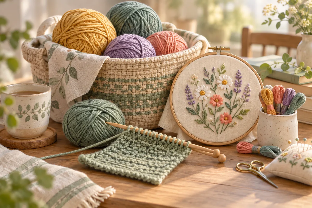 Yarn, knitting needles, and an embroidery hoop arranged on a wooden table