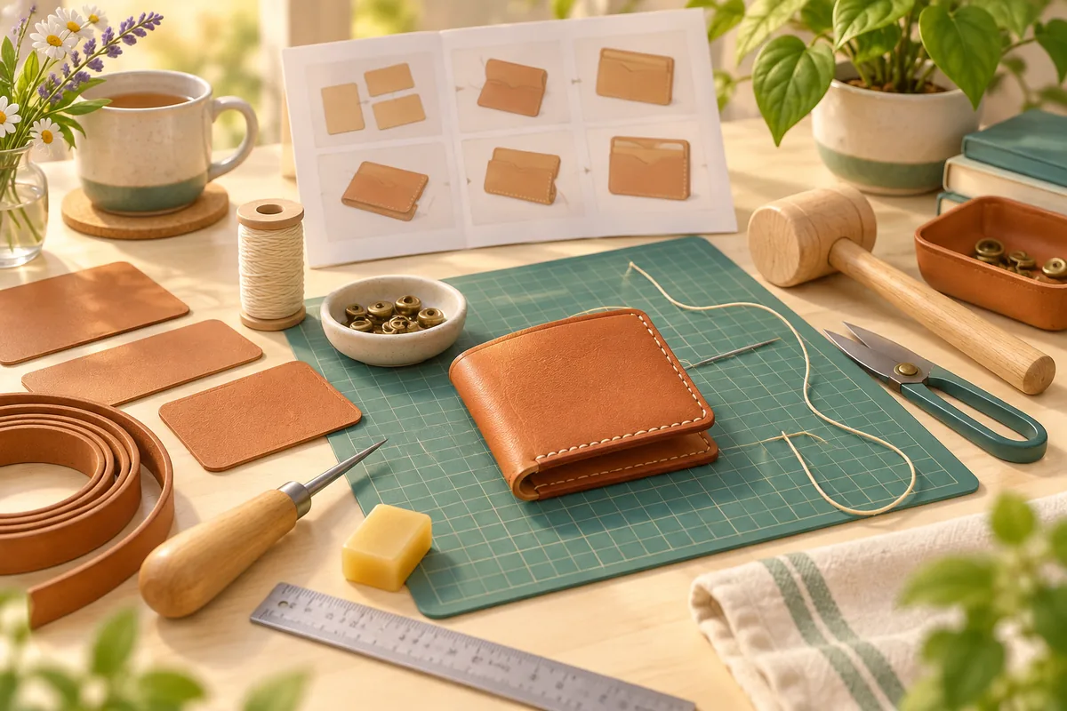 Leatherworking tools, needles, and a leather wallet on a workbench