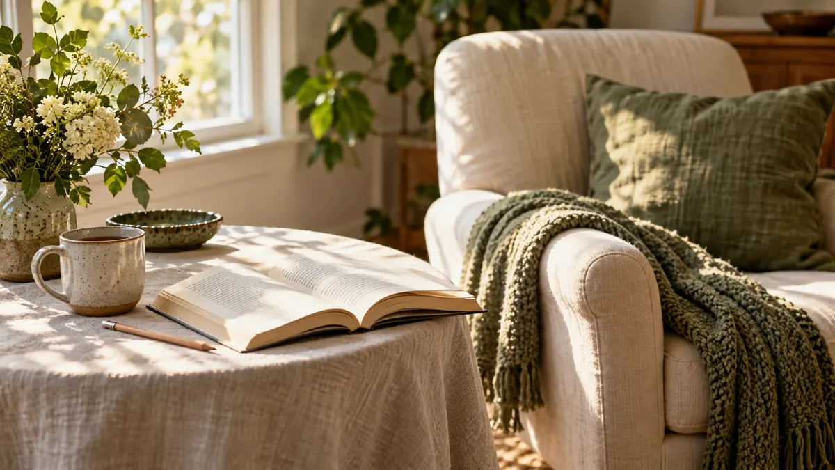 A paper book and cup on a table beside a chair by the window