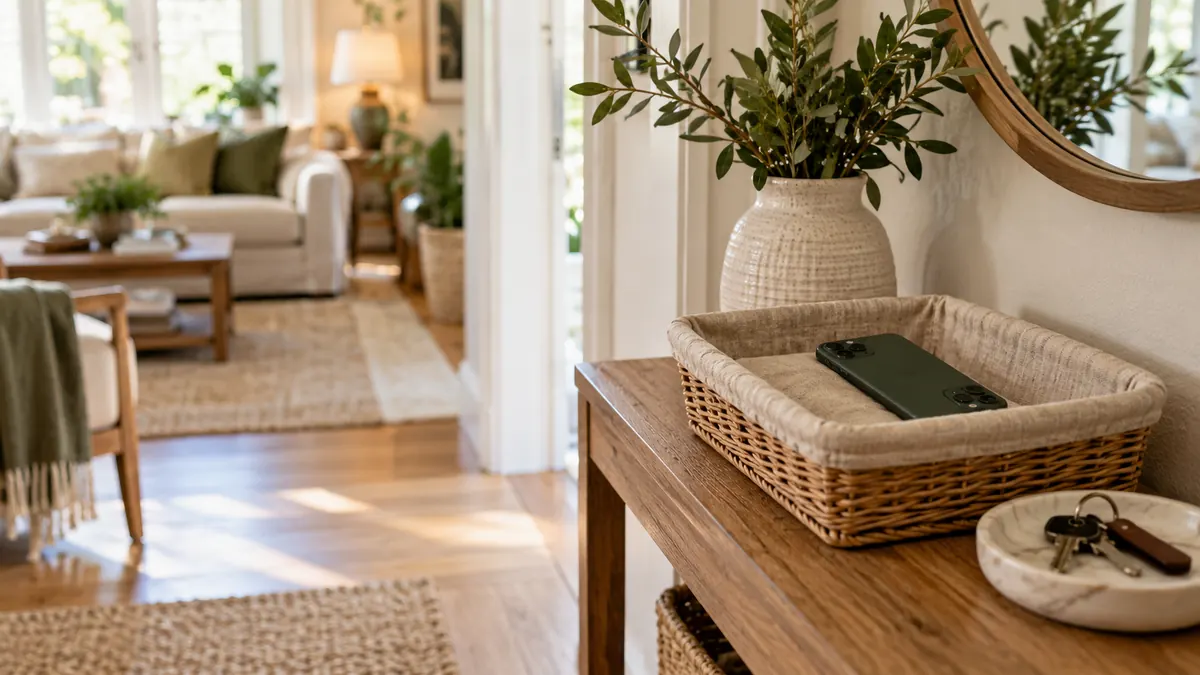 A phone and keys set aside in a basket on a shelf