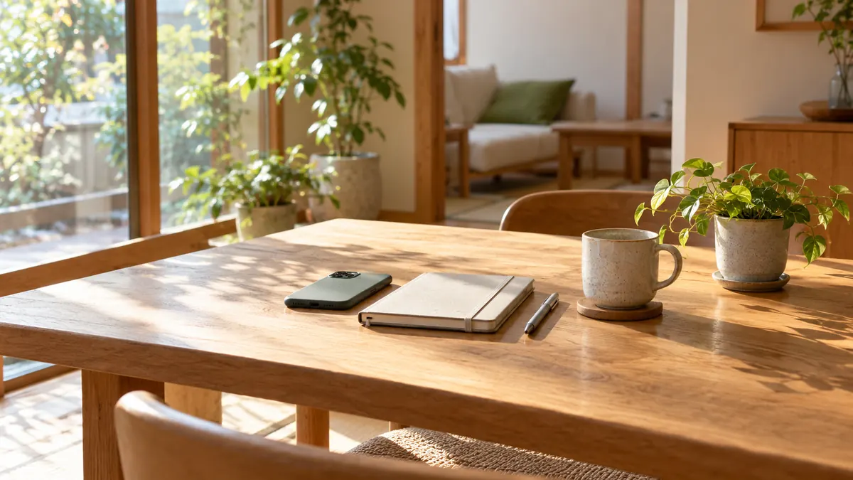 A phone placed face down beside a notebook and cup on a sunlit desk