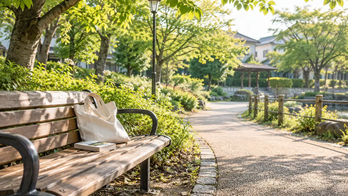 A park bench with a book bag beside a leafy walking path